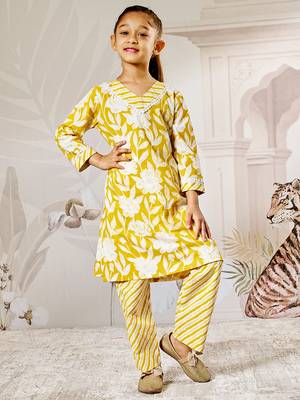 Girl's yellow cotton kurta pyjama set - floral print traditional raksha bandhan summer casual festive wear (22-30) 3
