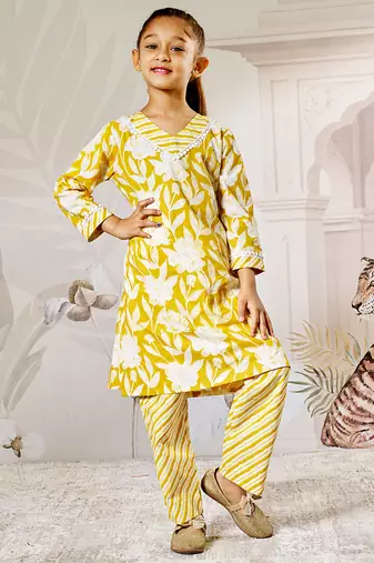 Girl's yellow cotton kurta pyjama set - floral print traditional raksha bandhan summer casual festive wear (22-30)
