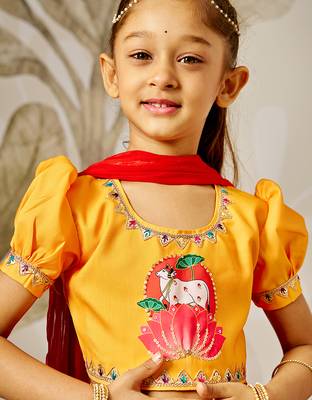 Girl's Lehenga Set  Mustard & Red  Janmashtami Collection  Animal Print 2