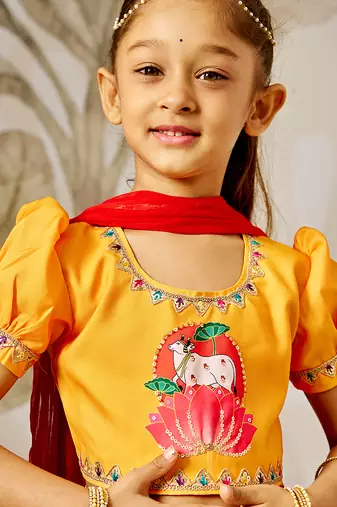 Girl's Lehenga Set  Mustard & Red  Janmashtami Collection  Animal Print