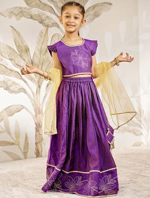 Girl's Traditional Purple Silk Lehenga Set with Thread Embroidery and Gold Dupatta for Wedding Party Wear (22-30) 1
