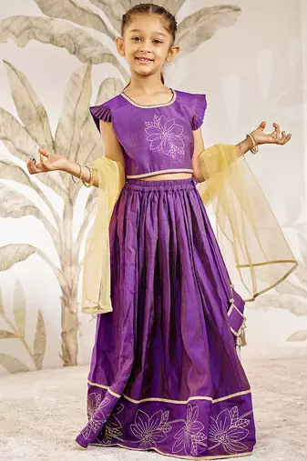 Girl's Traditional Purple Silk Lehenga Set with Thread Embroidery and Gold Dupatta for Wedding Party Wear (22-30)