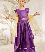 Girl's Traditional Purple Silk Lehenga Set with Thread Embroidery and Gold Dupatta for Wedding Party Wear (22-30)