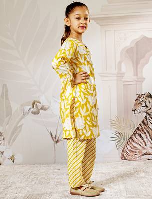 Girl's yellow cotton kurta pyjama set - floral print traditional raksha bandhan summer casual festive wear (22-30) 4
