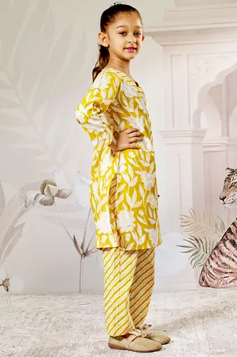 Girl's yellow cotton kurta pyjama set - floral print traditional raksha bandhan summer casual festive wear (22-30)