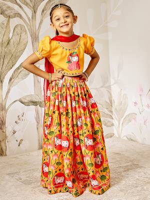 Girl's Lehenga Set  Mustard & Red  Janmashtami Collection  Animal Print 3