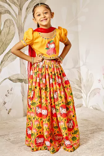 Girl's Lehenga Set  Mustard & Red  Janmashtami Collection  Animal Print