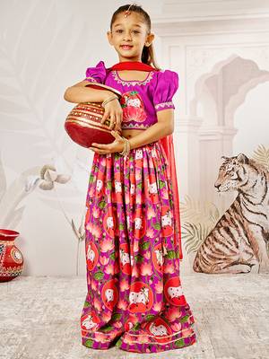 Girl's Janmashtami Lehenga Set  Purple & Red  Digital Animal Print  Festive Ethnic Wear 1