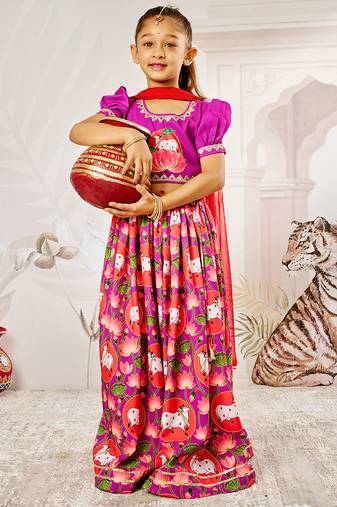 Girl's Janmashtami Lehenga Set | Purple & Red | Digital Animal Print | Festive Ethnic Wear