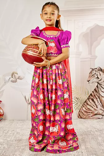 Girl's Janmashtami Lehenga Set | Purple & Red | Digital Animal Print | Festive Ethnic Wear