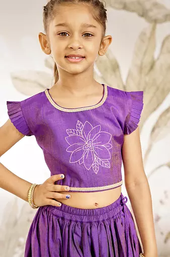 Girl's Traditional Purple Silk Lehenga Set with Thread Embroidery and Gold Dupatta for Wedding Party Wear (22-30)