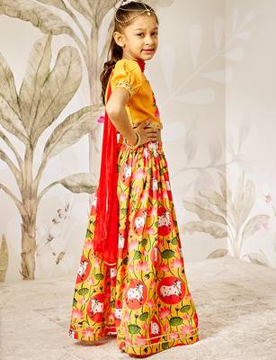 Girl's Lehenga Set  Mustard & Red  Janmashtami Collection  Animal Print 4