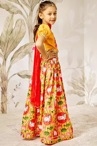 Girl's Lehenga Set  Mustard & Red  Janmashtami Collection  Animal Print