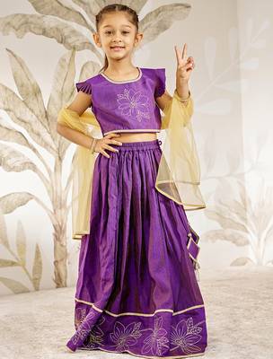 Girl's Traditional Purple Silk Lehenga Set with Thread Embroidery and Gold Dupatta for Wedding Party Wear (22-30) 3