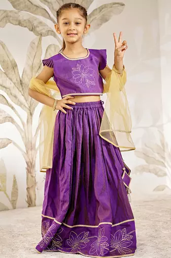 Girl's Traditional Purple Silk Lehenga Set with Thread Embroidery and Gold Dupatta for Wedding Party Wear (22-30)