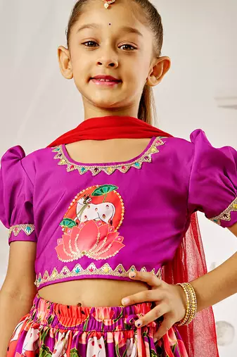 Girl's Janmashtami Lehenga Set  Purple & Red  Digital Animal Print  Festive Ethnic Wear