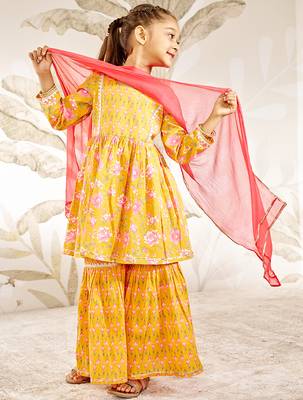 Girl's orange floral print kurta sharara set with dupatta - traditional raksha bandhan ethnic wear for kids (22-30) 1