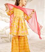 Girl's orange floral print kurta sharara set with dupatta - traditional raksha bandhan ethnic wear for kids (22-30)