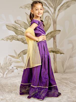 Girl's Traditional Purple Silk Lehenga Set with Thread Embroidery and Gold Dupatta for Wedding Party Wear (22-30) 4