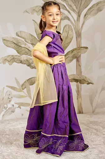 Girl's Traditional Purple Silk Lehenga Set with Thread Embroidery and Gold Dupatta for Wedding Party Wear (22-30)