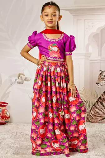 Girl's Janmashtami Lehenga Set  Purple & Red  Digital Animal Print  Festive Ethnic Wear