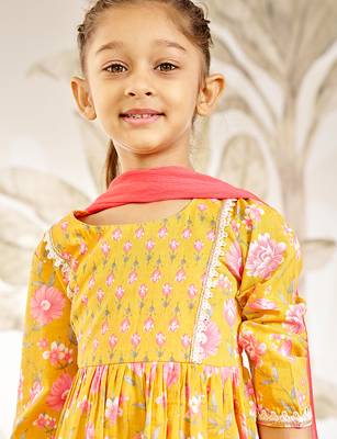 Girl's orange floral print kurta sharara set with dupatta - traditional raksha bandhan ethnic wear for kids (22-30) 2
