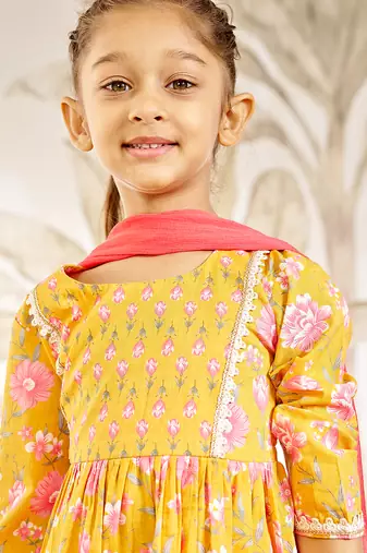 Girl's orange floral print kurta sharara set with dupatta - traditional raksha bandhan ethnic wear for kids (22-30)