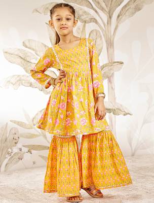 Girl's orange floral print kurta sharara set with dupatta - traditional raksha bandhan ethnic wear for kids (22-30) 3