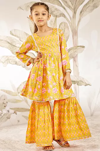 Girl's orange floral print kurta sharara set with dupatta - traditional raksha bandhan ethnic wear for kids (22-30)