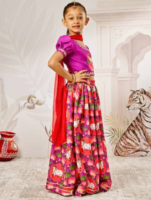 Girl's Janmashtami Lehenga Set  Purple & Red  Digital Animal Print  Festive Ethnic Wear 4