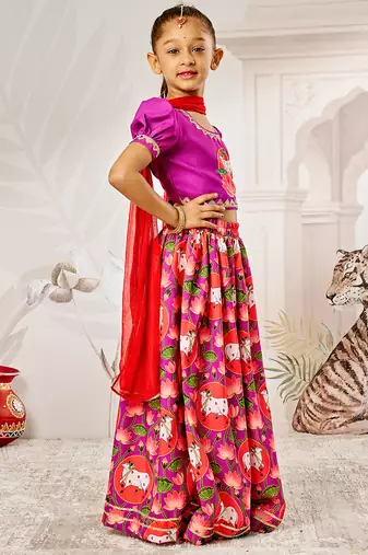 Girl's Janmashtami Lehenga Set  Purple & Red  Digital Animal Print  Festive Ethnic Wear