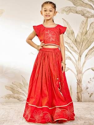 Girl's Traditional Red Silk Lehenga Set with Thread Embroidery and Gold Dupatta for Wedding Party Wear (22-30) 1