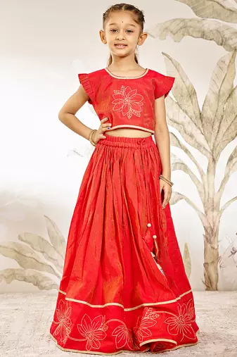 Girl's Traditional Red Silk Lehenga Set with Thread Embroidery and Gold Dupatta for Wedding Party Wear (22-30)
