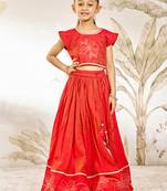 Girl's Traditional Red Silk Lehenga Set with Thread Embroidery and Gold Dupatta for Wedding Party Wear (22-30)