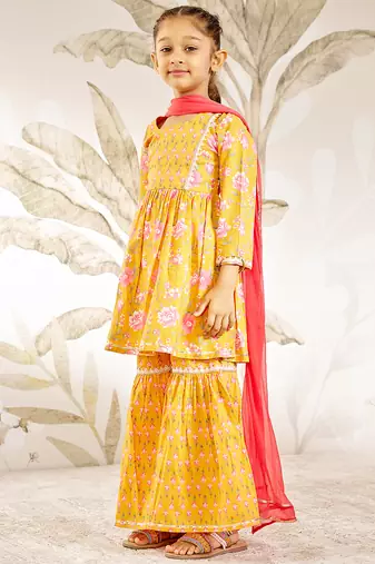 Girl's orange floral print kurta sharara set with dupatta - traditional raksha bandhan ethnic wear for kids (22-30)