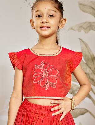 Girl's Traditional Red Silk Lehenga Set with Thread Embroidery and Gold Dupatta for Wedding Party Wear (22-30) 2