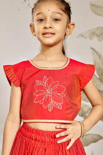 Girl's Traditional Red Silk Lehenga Set with Thread Embroidery and Gold Dupatta for Wedding Party Wear (22-30)