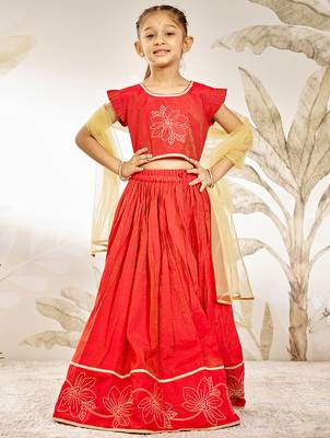 Girl's Traditional Red Silk Lehenga Set with Thread Embroidery and Gold Dupatta for Wedding Party Wear (22-30) 3