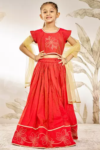Girl's Traditional Red Silk Lehenga Set with Thread Embroidery and Gold Dupatta for Wedding Party Wear (22-30)
