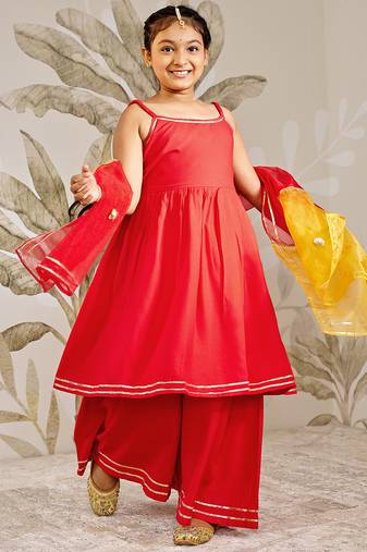 Girl's traditional raksha bandhan outfit - red rayon kurta palazzo set with organza dupatta for festival wear