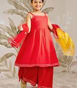 Girl's traditional raksha bandhan outfit - red rayon kurta palazzo set with organza dupatta for festival wear