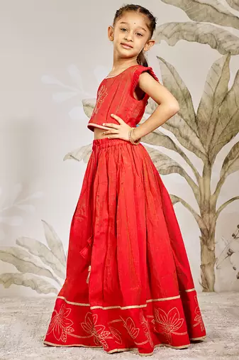Girl's Traditional Red Silk Lehenga Set with Thread Embroidery and Gold Dupatta for Wedding Party Wear (22-30)