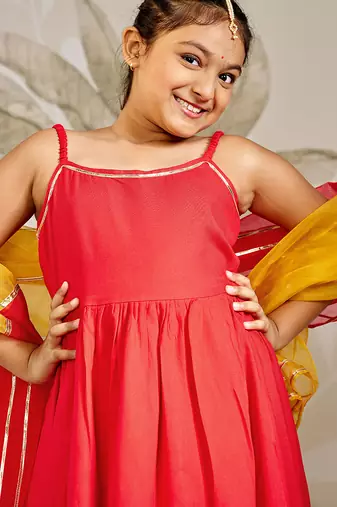 Girl's traditional raksha bandhan outfit - red rayon kurta palazzo set with organza dupatta for festival wear