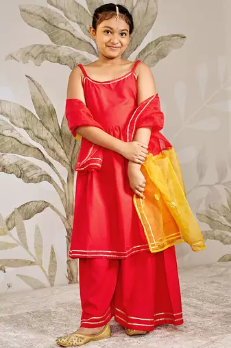 Girl's traditional raksha bandhan outfit - red rayon kurta palazzo set with organza dupatta for festival wear