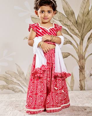 Girl's Traditional Red Cotton Lehenga Set with Embroidery Mirror Work and Dupatta for Wedding Festival Wear (22-30) 1