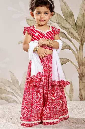 Girl's Traditional Red Cotton Lehenga Set with Embroidery Mirror Work and Dupatta for Wedding Festival Wear (22-30)