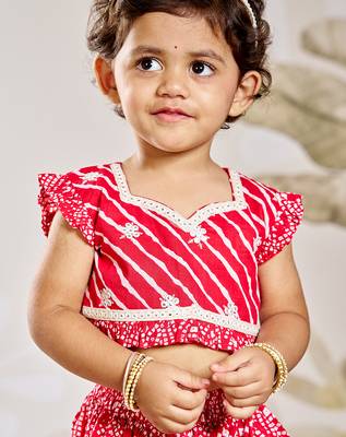 Girl's Traditional Red Cotton Lehenga Set with Embroidery Mirror Work and Dupatta for Wedding Festival Wear (22-30) 2