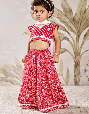 Girl's Traditional Red Cotton Lehenga Set with Embroidery Mirror Work and Dupatta for Wedding Festival Wear (22-30) 3