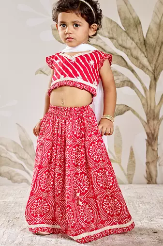 Girl's Traditional Red Cotton Lehenga Set with Embroidery Mirror Work and Dupatta for Wedding Festival Wear (22-30)
