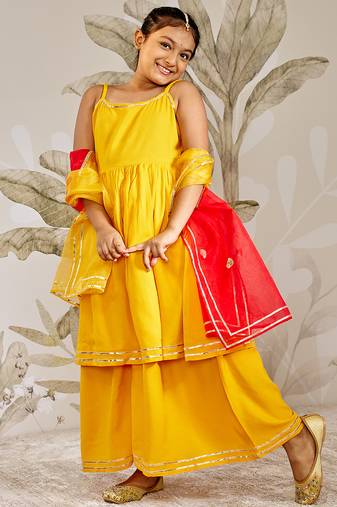 Girl's traditional raksha bandhan outfit - mustard rayon kurta palazzo set with organza dupatta for festival wear